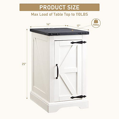 Farmhouse 17" Nightstand with Charging Station, White | Rectangular/ Rustic End Table with Barn Door /Adjustable Shelf/ Wood Sofa Side Table/ for Living Room, Bedroom - color: White Color