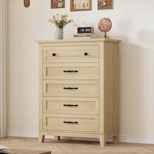 GarveeHome 5 Dresser for Bedroom, 41.3 in Tall Vertical Drawer Dresser with Large Storage, Freestanding Wooden Closet Chest for Bedroom, Living Room, Natural Oak - color: Natural Oak, size: 15.8"D x 31.5"W x 41.3"H (5 Drawers)