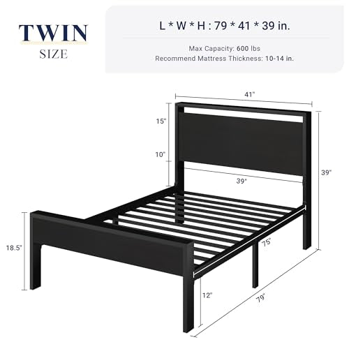 Allewie Twin Size Bed Frame, Heavy Duty 12 Metal Slats Support, Black Oak | Wooden Headboard and Footboard, Modern Platform Bed, No Box Spring Needed, Under-Bed Storage, Noise Free, Easy Assembly - color: Black Oak, size: Twin