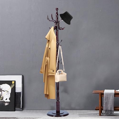 Coat Racks FreeStanding with 14 Hooks, Natural Wood Coat Rack with Solid Round Base, Adjustable Height Coat Racks, Easy Assembly for Hallway, Bedroom and Office (Solid Wood Fenghuang Gou) - color: Solid Wood Fenghuang Gou