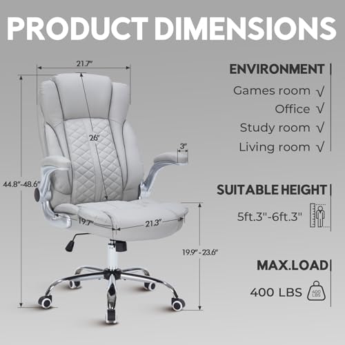 400lbs Executive Office Chair with Flip-Up Armrests, Big and Tall Computer Chair for Heavy People, Heavy Duty Ergonomic Comfy Chair, Breathable PU Leather (Grey) - color: Grey