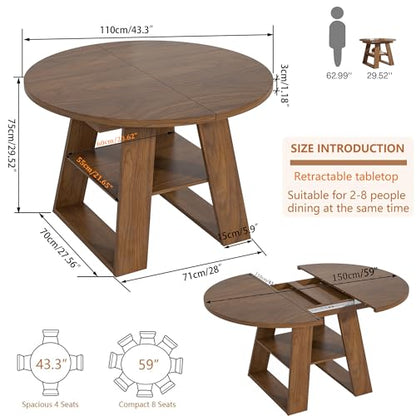43.3"-59" Extendable Round Oval Dining Table for 4-8 with Storage Shelf | Modern Kitchen Oval Dining Table with Removable Leaves,Space Saving Extendable Table Wood Base for Kitchen Living Room Walnut - color: Walnut Style 2