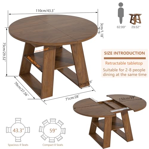 43.3"-59" Extendable Round Oval Dining Table for 4-8 with Storage Shelf | Modern Kitchen Oval Dining Table with Removable Leaves,Space Saving Extendable Table Wood Base for Kitchen Living Room Walnut - color: Walnut Style 2