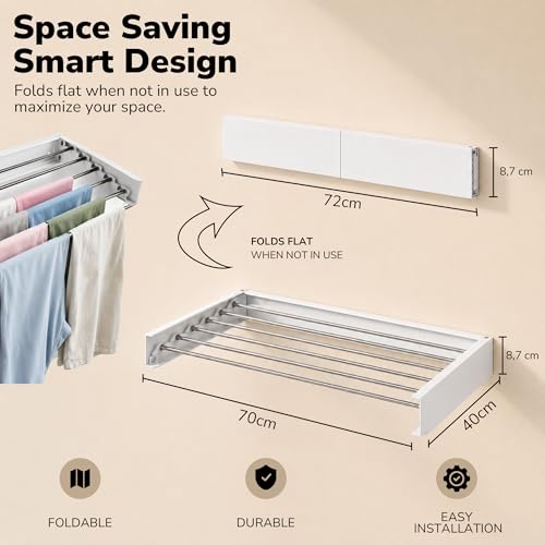 Wall Mounted Clothes Drying Rack Collapsible, Pure Stainless Steel Folding Laundry Drying Rack for Indoor Outdoor Use, Heavy Duty Wall Mounted Clothes Rack White