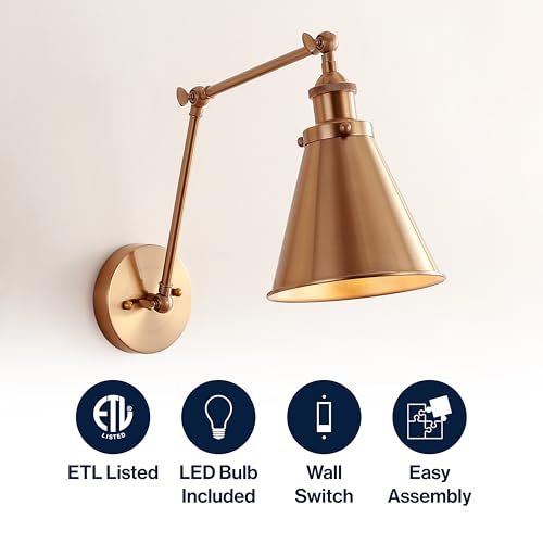 JONATHAN Y Rover 1-Light Wall Sconce 7", Brass Gold | Adjustable Arm, Hardwired Bedside Reading Swing Arm, Farmhouse Cone Shade, Metal Hardwired Indoor Fixture, LED Bulbs Included - color: Brass Gold, size: Set of 1