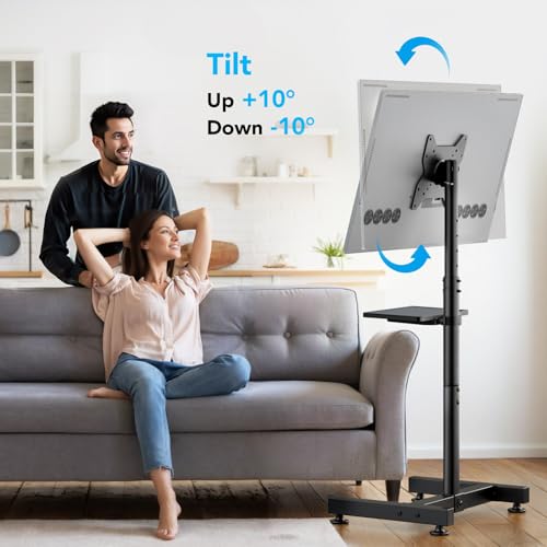 Floor TV Stand with Mount for 13-50 inch Screens, Tilting and Height Adjustable Floor Monitor Stand Mount, Portrait to Landscape, Portable TV Stand with Shelf Holds up to 77lbs Max VESA 200x200mm - size: 13"-50" Mobile TV Stand with Shelf