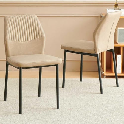 PU Leather Dining Chairs Set of 2, Mid-Century Modern Beige Leather Kitchen Chairs, Armless Dining Room Chairs with Black Metal Legs for Dining Room, Living Room - color: Beige, size: 2 Chairs