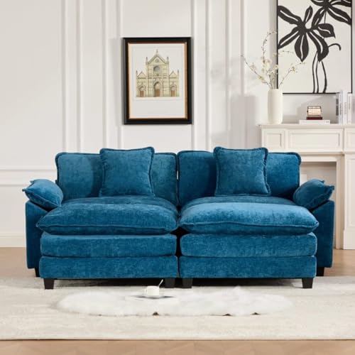 81.9'' Modern Sectional Couch with Double Layer Upholstered Seat Cushion, Chenille LoveSeat Sofa Couch with Wider Armrest and Cushions, Living Room, Bedroom, Apartment, Easy Assembly, Blue - color: Blue