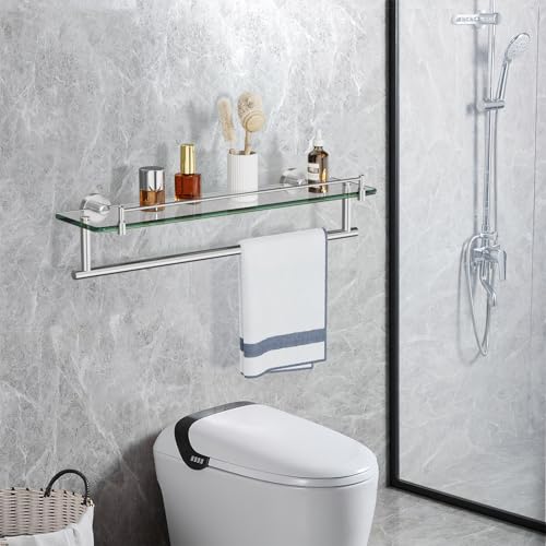 20-Inch Tempered Glass Bathroom Shelf with Towel Bar - Brushed Nickel & Stainless Steel, Wall Mount Rustproof Tower Holder with Shelves - color: Brushed Nickel, size: 20-inch with Railing