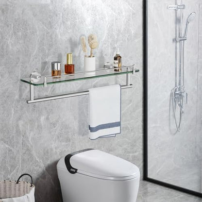 20-Inch Tempered Glass Bathroom Shelf with Towel Bar - Brushed Nickel & Stainless Steel, Wall Mount Rustproof Tower Holder with Shelves - color: Brushed Nickel, size: 20-inch with Railing