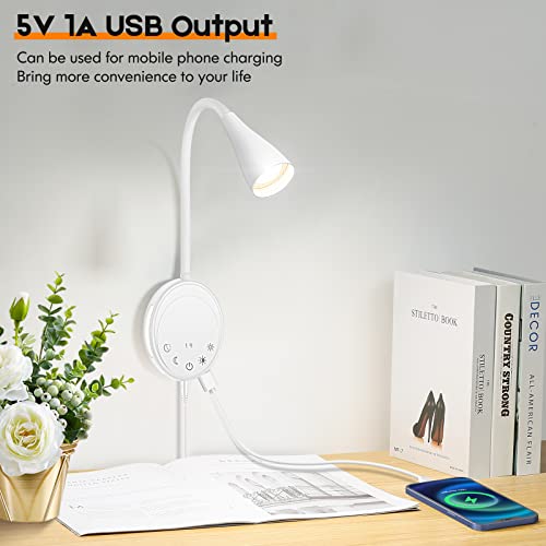 SANKEDOU LED Wall Mount Reading Light, Bedside Reading Lights with Touch Control, 5 Dimmable, USB Output, Night Light & Timers, Flexible Gooseneck Headboard Bed Lights wall Sconce (White-2P) - color: White-2P