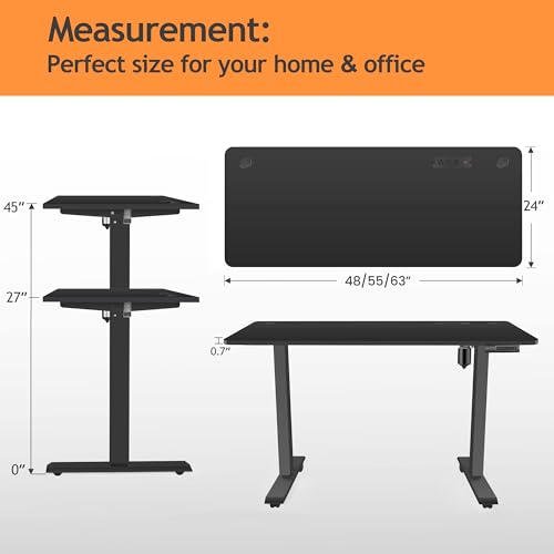 Electric Standing Desk with Wheels, 63'' x 24'' Standing Desk Adjustable Height with Charging Station, 2 USB Ports, 3 Power Outlets, 4 Caster, 27''-46'' Lifting Range Stand up Desk(Black) - color: Black, size: 63 x 24''