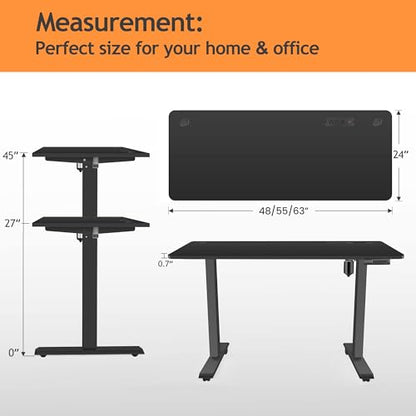 Electric Standing Desk with Wheels, 63'' x 24'' Standing Desk Adjustable Height with Charging Station, 2 USB Ports, 3 Power Outlets, 4 Caster, 27''-46'' Lifting Range Stand up Desk(Black) - color: Black, size: 63 x 24''
