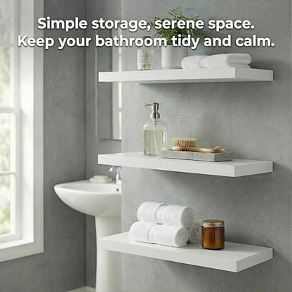 SAUMONIERES Floating Shelves Wall Shelf Solid Wood for Bathroom Bedroom Kitchen Set of 3, White Wall Shelves - color: White, size: 16 Inch-3 shelves