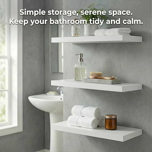 SAUMONIERES Floating Shelves Wall Shelf Solid Wood for Bathroom Bedroom Kitchen Set of 3, White Wall Shelves - color: White, size: 16 Inch-3 shelves