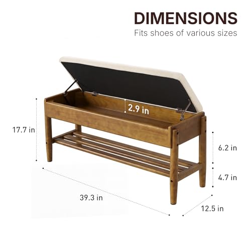 YEPDIN 2 Tier Shoe Rack Bench with Flip-Top Storage,39.3" Solid Wood Shoe Rack Bench with Chenille Cushion,for Entryway, Hallway,Living Room, Bedroom, Closet - color: Light