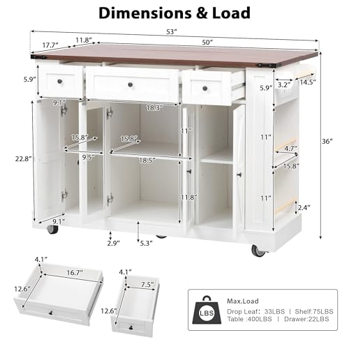 53'' Farmhouse Kitchen Island with Drop Leaf, Power Outlet,Tempered Glass Cabinet Doors,Rolling Kitchen Cart on Wheels for Dining Room or Living Room (White/P) - color: White/P)