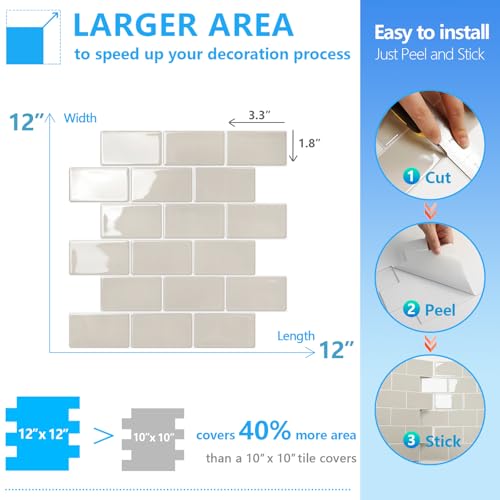 STICKGOO Subway Tile Peel and Stick Backsplash, Thicker Design 12" x 12" Stick on Backsplash Tiles for Kitchen, Bathroom, Wall Tile (10 Sheets, Light Gray Beige) - color: Light Gray Beige