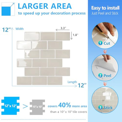 STICKGOO Subway Tile Peel and Stick Backsplash, Thicker Design 12" x 12" Stick on Backsplash Tiles for Kitchen, Bathroom, Wall Tile (10 Sheets, Light Gray Beige) - color: Light Gray Beige