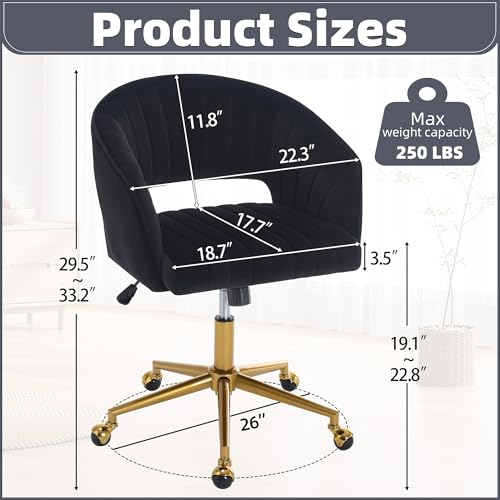 Desk Chair with Wheels, Gold Base, Velvet Accent Vanity Armchair, Black | Spacious‌ Soft Seat, Swivel Height Adjustable, Rocking Function, Modern Stripe for Girls &Women Bedroom Makeup or Nail - color: Black Velvet
