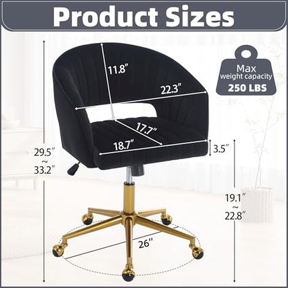 Desk Chair with Wheels, Gold Base, Velvet Accent Vanity Armchair, Black | Spacious‌ Soft Seat, Swivel Height Adjustable, Rocking Function, Modern Stripe for Girls &Women Bedroom Makeup or Nail - color: Black Velvet