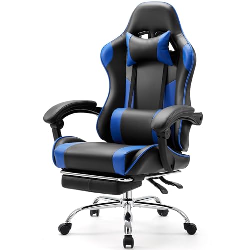 Sweetcrispy Gaming Chair with Footrest, Ergonomic Lumbar Support Desk Chair | High Back Ergonomic, PU Leather, Adjustable Headrest, Linkage Armrest, Height Adjustable, 360 Swivel, Blue - color: Pu Blue