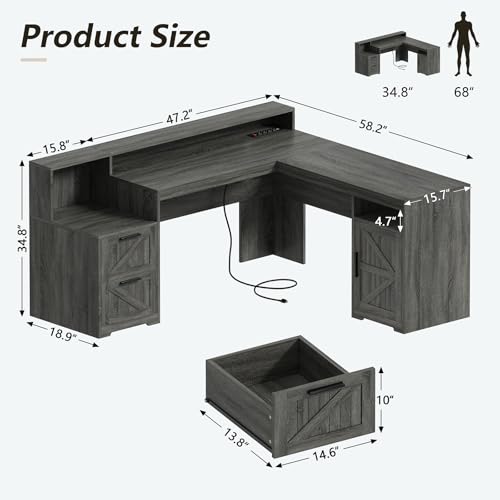 63" Farmhouse L Shaped Desk with Drawers & Printer Shelf for Home Office | Corner Computer Desk with Storage, Power Outlets, L Shaped Office Desk with Monitor Stand, Printer Shelf, Dark Gray - color: Dark Gray