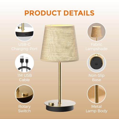 Rechargeable Cordless Table Lamp with Fabric Shade, 2 Pack, Brass | 3600mAh Battery Operated Table Lamp, 2700K Warm Light, Stepless Dimming, for Bedroom, Dining Room, Living Room