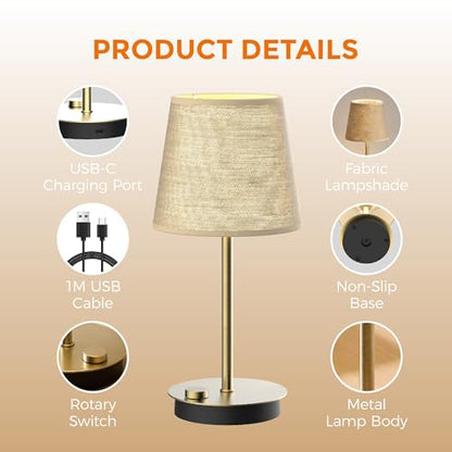Rechargeable Cordless Table Lamp with Fabric Shade, 2 Pack, Brass | 3600mAh Battery Operated Table Lamp, 2700K Warm Light, Stepless Dimming, for Bedroom, Dining Room, Living Room