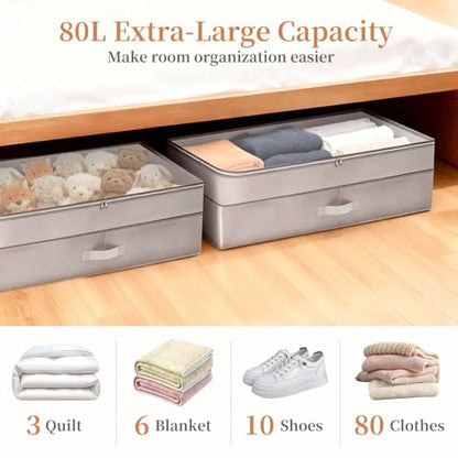 Pack of 2 Under Bed Storage with Adjustable Height | Under the Bed Storage Containers for Clothes, Blankets, & Shoes - 80L Zippered Organizer for Bedroom with Clear Window