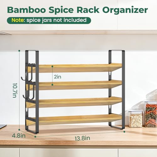 EsLuker.ly Spice Seasoning Rack Organizer Kitchen Countertop, 4 Tier Bamboo | Spice Shelf Holder Storage with 4 Hooks, Wall Mounted Freestanding Stand for Pantry, Quick Spice Access(Jars Not Included) - color: Matte Black+Bamboo