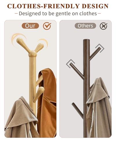 STARSAGA Solid Wood Coat Rack Freestanding Coat Tree with 8 Hooks | Adjustable Height Heavy Duty Coat Rack with Rounded Hooks & Dual-Layer Base, Holds Coats Hats Bags for Entryway, Bedroom - color: Natural