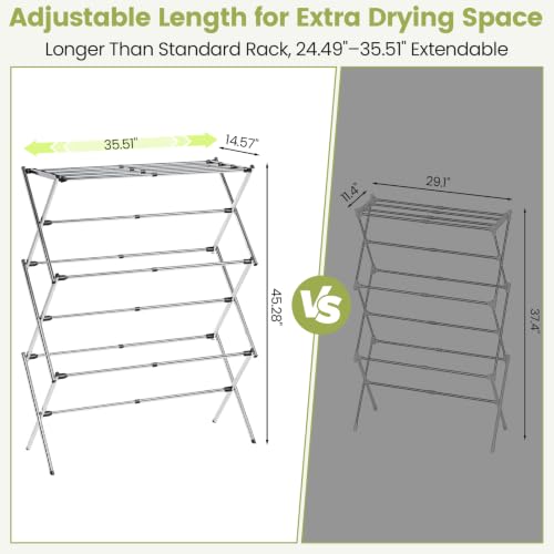 Stainless Steel Clothes Drying Rack, 45.28" H × 14.57" D | Foldable & Extendable, Adjustable Size (24.49"-35.51"L), Space-Saving, Rust-Resistant Frame, Indoor/Outdoor Use, Silver - color: Silver, size: Large