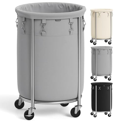 SONGMICS 18.5-Gallon (70 L) Laundry Basket with Wheels, Rolling Round Heavy-Duty Laundry Hamper Cart with Steel Frame and Removable Bag, 2 Locking Wheels, Gray and Metallic Silver URLS006G01 - color: Gray + Metallic Silver, size: 70 L (1-Section)