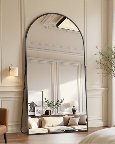 Full Length Mirror with Stand, 76"x44" Arched Full Body Mirror, Large Stand Up Mirrors, Aluminum Frame Floor Standing Mirrors, Freestanding Hanging Leaning Mounted for Bedroom Living Room Black - color: Black, size: 76"L x 44"W