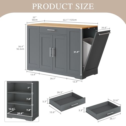 DWVO Large Kitchen Island with Trash Can Cabinet | 53 Inch Kitchen Island on Wheels, Rolling Island with Tilt‑Out Garbage Storage Fits 13 Gallon Bin and Drawer - color: Grey