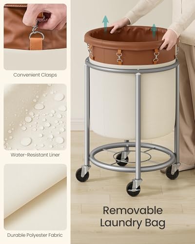 SONGMICS Laundry Basket, Rolling Steel Frame with 2 Locking Wheels, 110 L | Heavy-Duty Laundry Hamper Cart with Removable Bag, Coffee Brown and Cream White, URLS002KQ02 - color: Coffee Brown + Cream White, size: 110 L (1-Section)