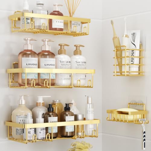 Liuoud 5 Pack Shower Caddy for Inside Shower, Gold Bathroom Storage Decor | Large Rustproof Stainless Steel Organizer with Strong Adhesive, No Drilling Wall Mounted Shelves, Bathroom Accessory Set - color: Gold, size: Large