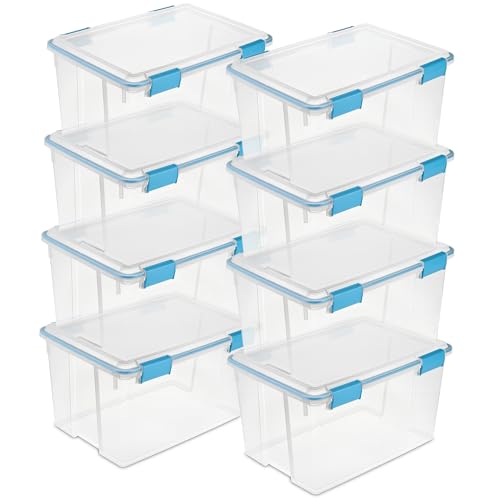 Sterilite Gasket Storage Box with Lids for Home & Office, 54 Quart, 8-Pack | Heavy-Duty, Stackable, and Organizing Containers for Bathroom, Cabinet, Closet, and Garage, Clear and Blue Aquarium Latches - size: 54 Quart, style: 8 Pack