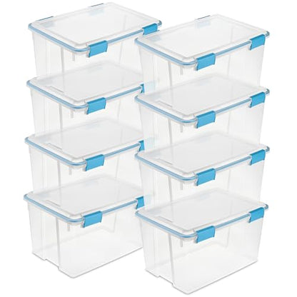 Sterilite Gasket Storage Box with Lids for Home & Office, 54 Quart, 8-Pack | Heavy-Duty, Stackable, and Organizing Containers for Bathroom, Cabinet, Closet, and Garage, Clear and Blue Aquarium Latches - size: 54 Quart, style: 8 Pack