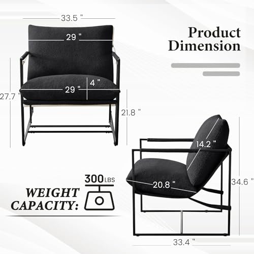 Furnilivng Large Sling Accent Chair, Comfortable Boucle Fabric Arm Chair, Upholstered Cozy Reading Chair for Living Room, Bedroom, Dressing Room, Home Office (Black, Set of 1) - color: Black, size: Set of 1