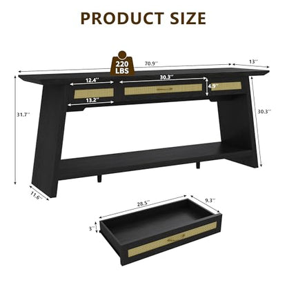 iPormis 70.9 Inches Rattan Entryway Table with Drawer, Narrow Long Console Table Behind Sofa, Modern Entry Accent Hallway Table for Living Room, Behind Couch, Entrance, Black - color: Black