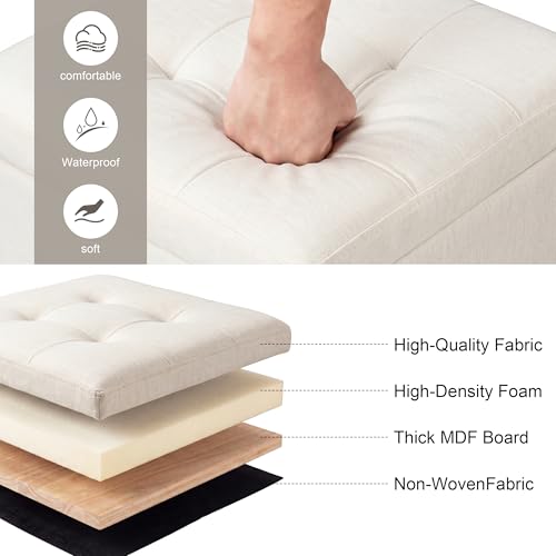15 inch Square Storage Ottoman with Tray Lid,Modern Tufted Fabric Cube Coffee Table with Storage,Upholstered Ottoman with Removable Top for Living Room, Bedroom - color: Cream White With Tray