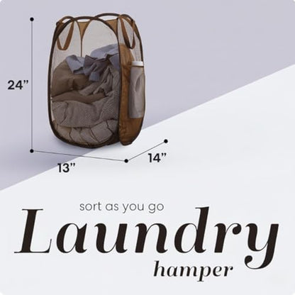 Handy Laundry Collapsible Mesh Pop Up Laundry Hamper with Side Pocket | Collapsible Mesh Pop Up Hamper, Wide Opening, Side Pocket, Breathable, Sturdy, Foldable, Space-Saving for Clothes Storage - color: Brown