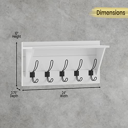 HBCY Creations 24" Wall Mounted Storage Rack - Pine Wood Construction - Solid White Finish - Upper Storage Shelf - 5 Hooks - Ideal for Entryway, Kitchen, Bathroom - color: Solid White