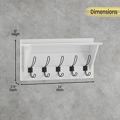 HBCY Creations 24" Wall Mounted Storage Rack - Pine Wood Construction - Solid White Finish - Upper Storage Shelf - 5 Hooks - Ideal for Entryway, Kitchen, Bathroom - color: Solid White