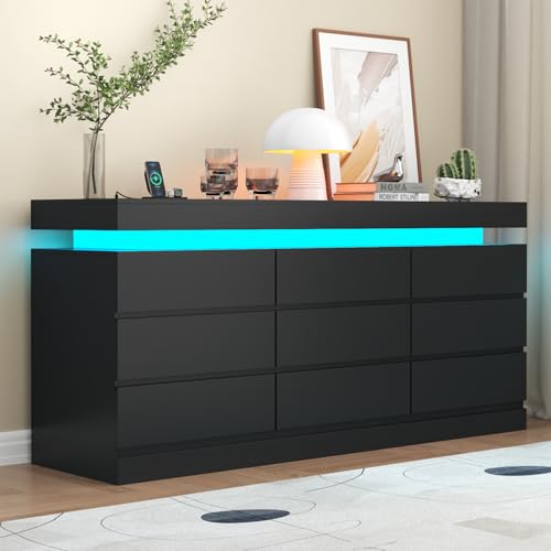 Gyfimoie 9 Drawer Dresser with Power Outlet, Modern Dresser with LED Light | Modern Chest of Drawers for Closet, Wide Drawer Organizer Cabinet for Bedroom,Living Room - color: Black, size: 15.8"D x 62.6"W x 32.1"H (9 Drawers)