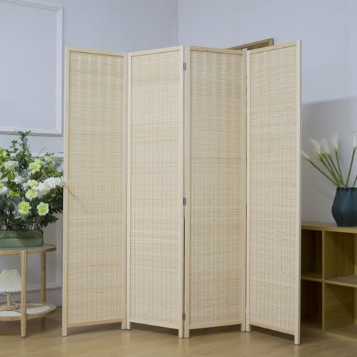 4 Panel Bamboo Room Divider Screen,5.6 FT Tall Bamboo Divider Folding Privacy Screen,Freestanding Panel Divider for Room Seperation,Beige - color: Beige, size: 4 Panel
