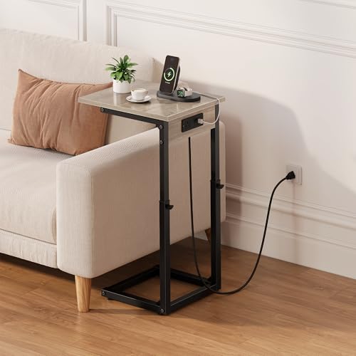 C Shaped End Table with Charging Station, Adjustable Height Side Table for Couch, C Table End Table Couch Table that Slide Under, Sofa Table TV Tray Arm Tables for Living Room, Bedroom, Gray - color: Greige, style: Charging Station