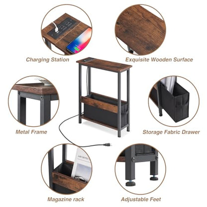 Slim Charging End Table with Storage - For Small Spaces and Bedroom - color: Rustic Brown
